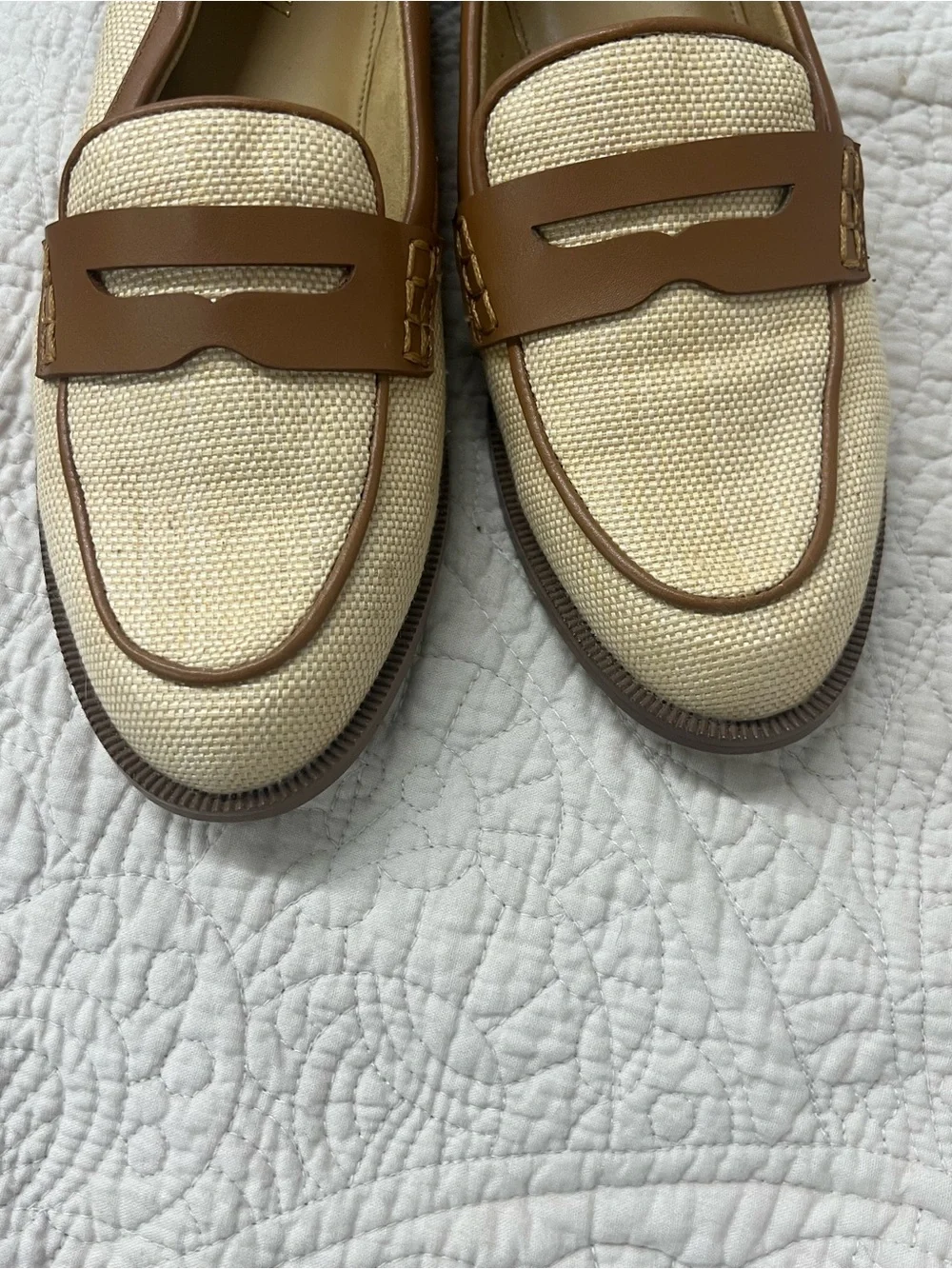 J. Crew Cream Canvas and Brown Leather Penny Loafers